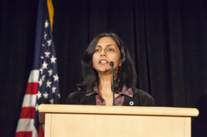 Kshama Sawant addresses the crowd after being sworn in as a Seattle city council member in Seattle