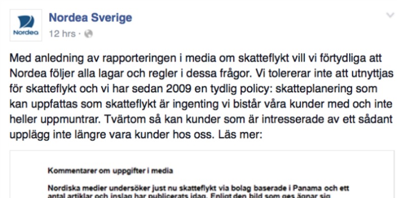 Bild: Skärmdump Nordeas facebooksida