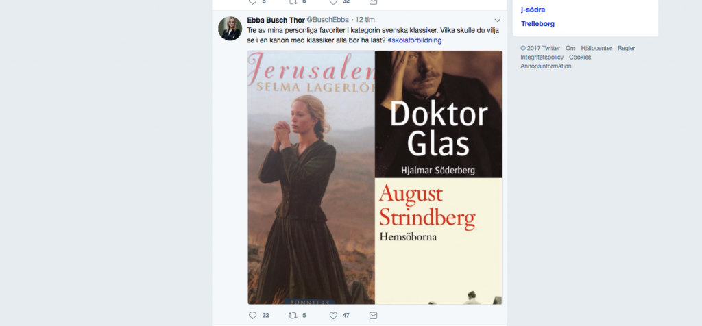 Skämdump från Ebba Busch Thors Twitter-flöde.