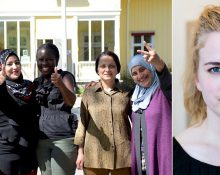 Kvinnor som deltagit i Individuell Människohjälps kvinnogrupp i Vrigstad och en porträttbild på Clara Berglund, Sveriges Kvinnolobbys generalsekreterare