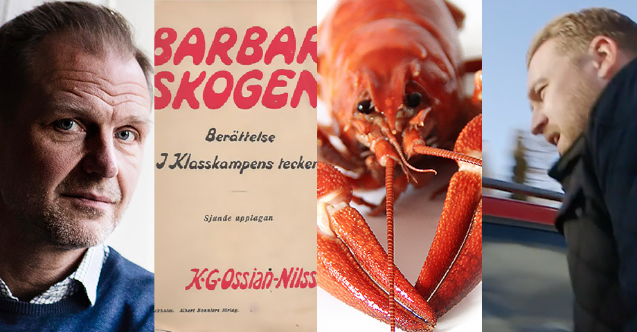Porträttbild på chefredaktör Jonas Nordling, boken Barbarskogen, en kräfta och Mattias Karlsson (SD)