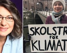 Greta Thunberg framför riksdagshuset med skylten Skolstrejk för klimatet och en porträttbild på psykologen Liria Ortiz