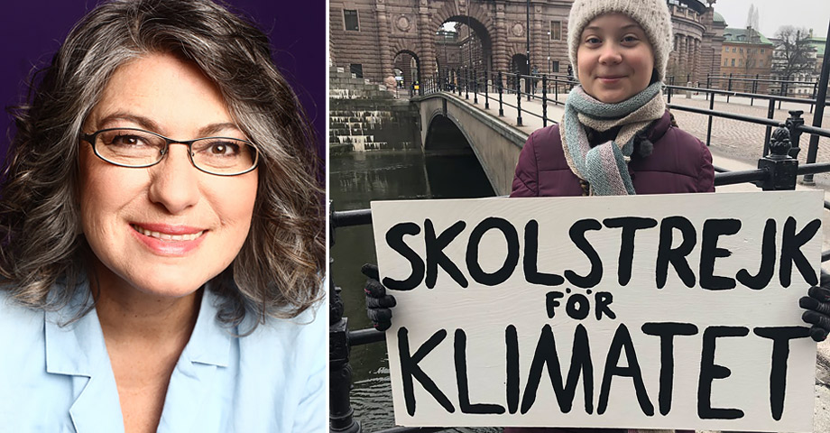 Greta Thunberg framför riksdagshuset med skylten Skolstrejk för klimatet och en porträttbild på psykologen Liria Ortiz