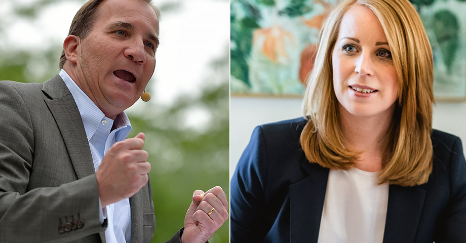 Stefan Löfven i talarstolen på Almedalen och en porträttbild på Annie Lööf