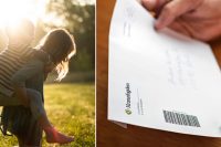 Barn som leker i solen och en vuxen som håller i ett brev från Kronofogden