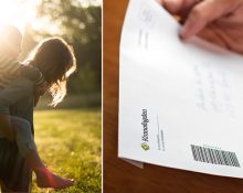 Barn som leker i solen och en vuxen som håller i ett brev från Kronofogden