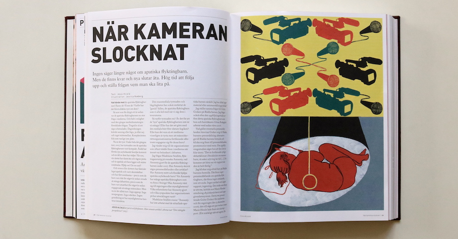 Foto av ett tidningsuppslag. Titeln lyder "när kameran slocknat" och på vänstersidan är en illustration föreställande ett hopkrupet barn och tv-kameror.