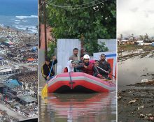 Tre bilder som visar ödeläggelse efter naturkatastrofer i Filippinerna och Indien: En räddningsinsats med gummibåt i översvämmade Srinagar i Kashmir, en ensam pojke som går i resterna av bostäder drabbade av tyfonen Bopha och ett totalt ödelagt samhälle på ön Leyte