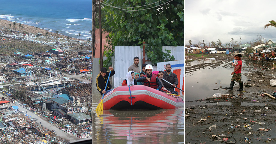 Tre bilder som visar ödeläggelse efter naturkatastrofer i Filippinerna och Indien: En räddningsinsats med gummibåt i översvämmade Srinagar i Kashmir, en ensam pojke som går i resterna av bostäder drabbade av tyfonen Bopha och ett totalt ödelagt samhälle på ön Leyte