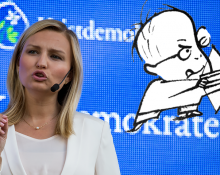 Kristdemokraternas partiledare Ebba Busch Thor gestikulerar under ett tal i Almedalen