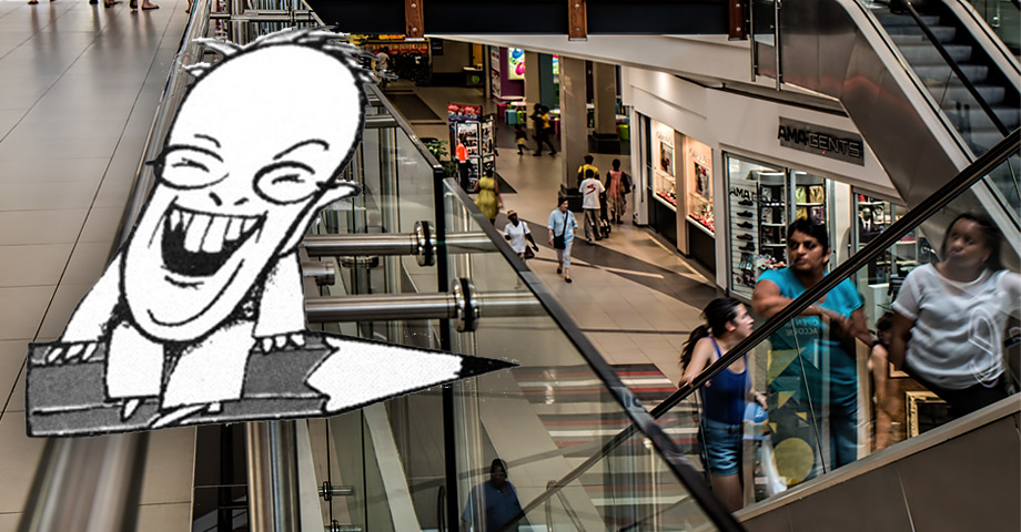 En skämtsam illustration av versmakaren Mats Nörklit, storleende och flygande på en blyertspenna, infälld i en bild som visar människor i rulltrappan i ett köpcentrum