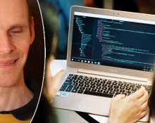 Porträttbild på själv synskadade Henrik Götesson bredvid en bild med två kvinnor som programmerar på en bärbar dator