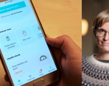 Till vänster: Bild på en hand som håller i en mobiltelefon med appen Kry Porträtt på Lina Marie Ellegård, nationalekonom vid Lunds universitet.