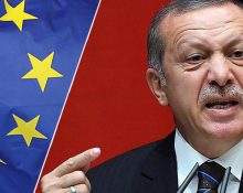 En bild på Turkiets president som gestikulerar och ser arg ut. Samt en EU-flagga