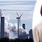 Porträttbild på Ermine Khachatryan och en bild på ett kolkraftverk som spyr ut rök - med ett vindkraftverk i förgrunden