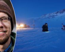 En porträttbild på Mats Björkman i varm mössa och en bild på en forskare i ett snötäckt och bergigt Arktis. Forskaren ser ut att granska markytan. Det är mörkt och i bakgrunden står en skoter med strålkastare på.