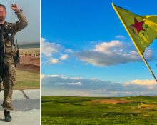 En bild på en kurdisk YPG-soldat i militär uniform och med en k-pist hängande från axeln. Samt en bild med kurdiska YPG:s flagga framför ett syriskt landskap