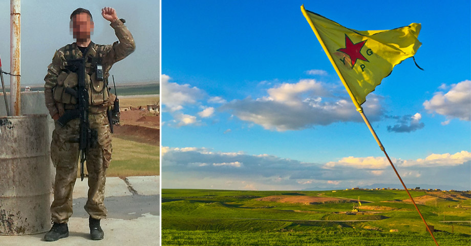 En bild på en kurdisk YPG-soldat i militär uniform och med en k-pist hängande från axeln. Samt en bild med kurdiska YPG:s flagga framför ett syriskt landskap