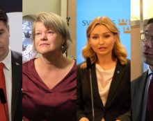 Oscar Sjöstedt (SD), Ulla Andersson (V), Ebba Busch Thor (KD) och Ulf Kristersson (M) under budgetpresentationerna.