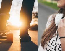 Bilder på skateboard och två ben på den som åker på den. och bild på flickas halva ansikte och överkropp, har hörlurar runt halsen och långt brunt hår.