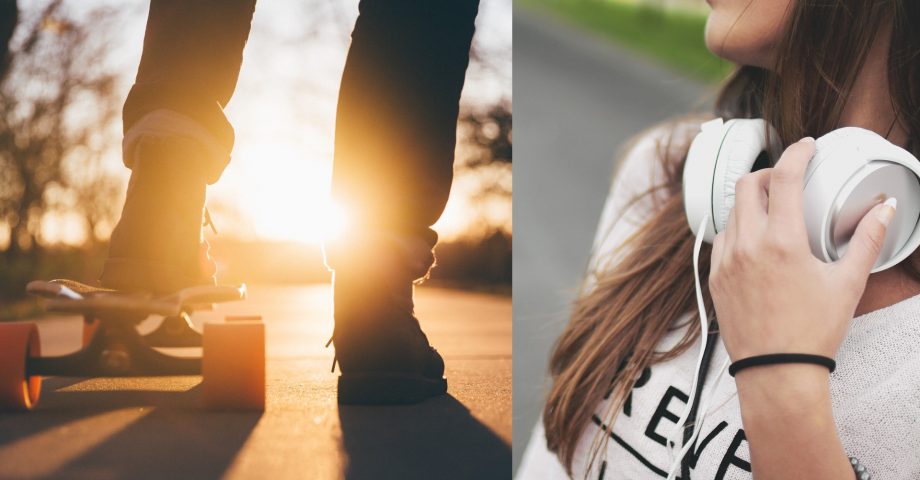 Bilder på skateboard och två ben på den som åker på den. och bild på flickas halva ansikte och överkropp, har hörlurar runt halsen och långt brunt hår.