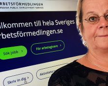 Porträttbild på Anna Danielsson Öberg infälld i en bild som visar Arbetsförmedlingens hemsida