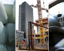 Bild på inplastade balar på en åker, en byggarbetsplats för ett höghus och instrumentbrädan på en bil