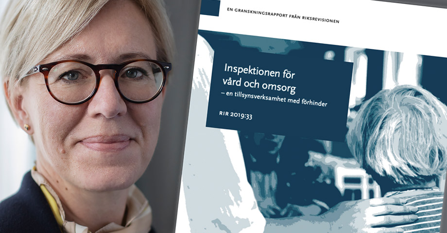 En porträttbild på Sofia Wallström och framsidan på Riksrevisionens rapport infälld till höger om hennes ansikte