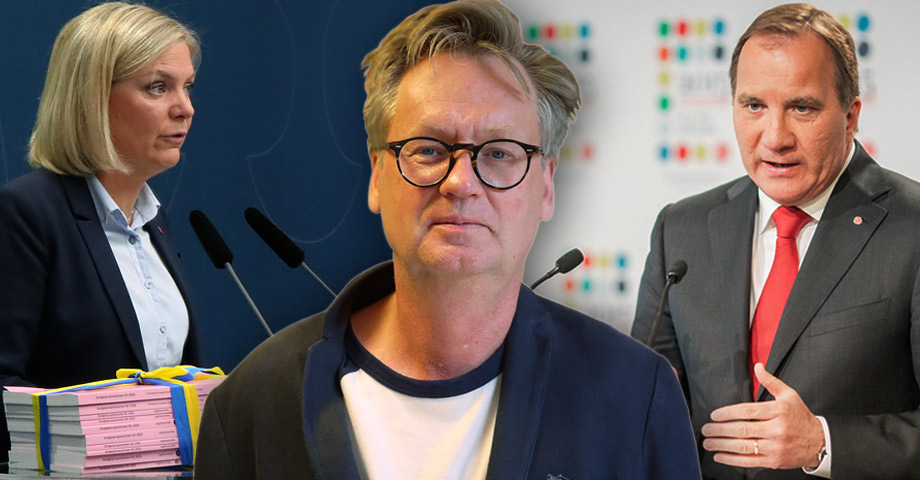 Porträttbild på Håkan A Bengtsson med allvarlig min, flankerad av bilder på finansministern och statsministern i var sin talarstol, de talar engagerat och Löfven gestikulerar med händerna