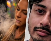 En porträttbild på Tanvir Mansur och en bild på en ung kvinna som röker en e-cigarett