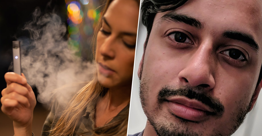 En porträttbild på Tanvir Mansur och en bild på en ung kvinna som röker en e-cigarett