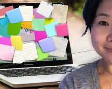 Porträttbild på Mi Lodell, som ler. Infälld i en bild av en laptop med skärmen täckt av post-it-lappar