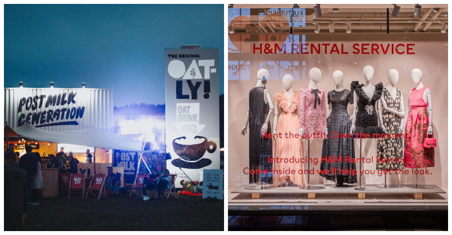 Exempel på syftesstyrd marknadsföring - en festivalscen och ett skyldfönster med flera skyltdockor. Oatly/H&M